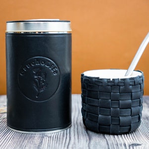 Ceramic Mate and Yerba Container, Leather Mate cup , yerba mate, argentinian mate, Ceramic mate with artesanal woven leather.