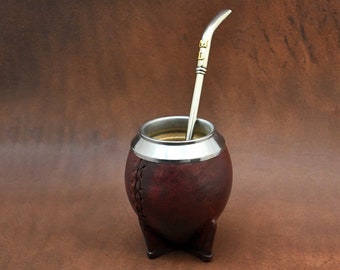 Leather & Calebasse Mate Gourd + Personalized Straw Bundle