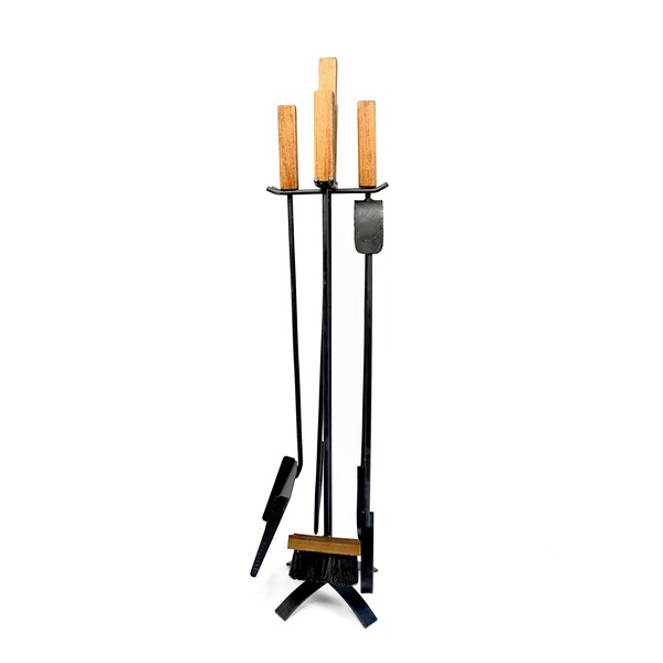 Fireplace BBQ Tools Set Fire Poker Tongs Brush Shovel And Stand | Blacksmith Made