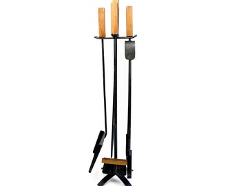 Fireplace BBQ Tools Set Fire Poker Tongs Brush Shovel And Stand | Blacksmith Made