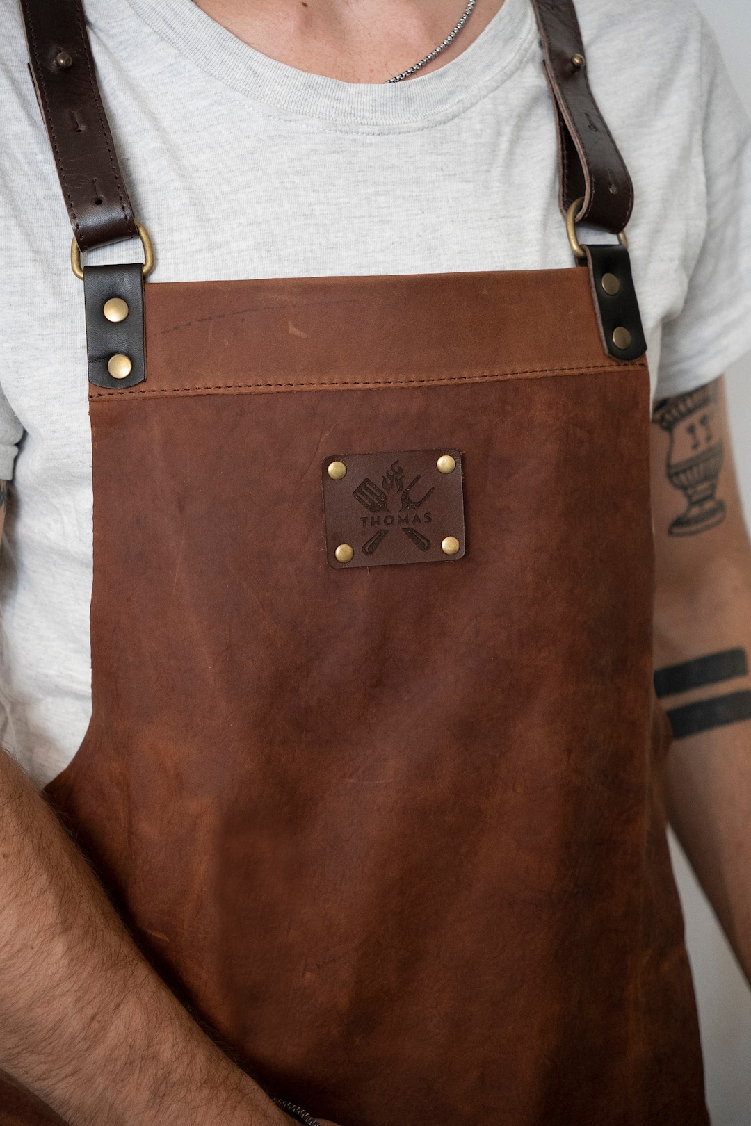 Personalized Leather Apron With Leather Straps for BBQ, Kitchen, Cafe