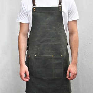 Leather Crossback Apron Handmade Adjustable Vegetable-Tanned Leather Cross Back Apron Green