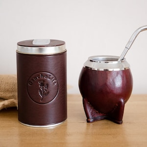 Mate gourd + Yerba Container , Leather Mate cup , yerba mate, argentinian mate , torpedo , calebasse mat , yerba mate gourd leather