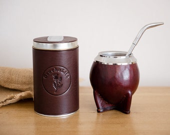 マテ茶カップとレザーのマテ茶ホルダーセット – 手作りのひょうたんと