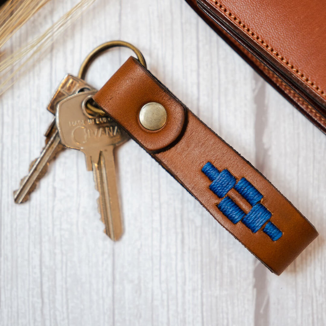 Embroidered Tan Leather Keychain - Etsy