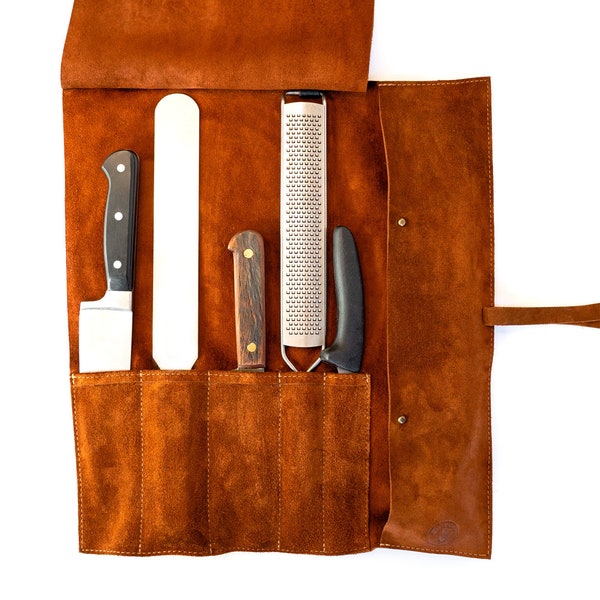 Leather suede chef roll, chefs bag, knife roll,