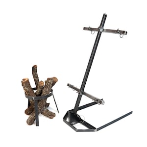May include: A black metal stand with two horizontal bars and a vertical support. The stand has a hexagonal base and is designed to hold logs for a fire pit. A separate black metal log holder is filled with logs.