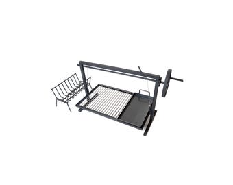 May include: A black metal grill with a rotisserie feature and a separate rack for ribs. The grill has a rectangular cooking surface with a warming tray and a large wheel for adjusting the height of the grill.