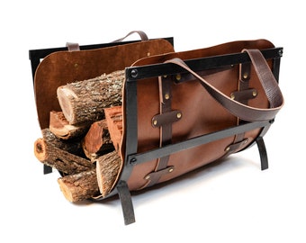 Full Grain Leather Wood Log Carrier with Iron Support