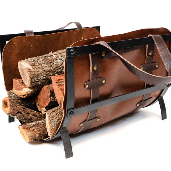 Full Grain Leather Wood Log Carrier with Iron Support