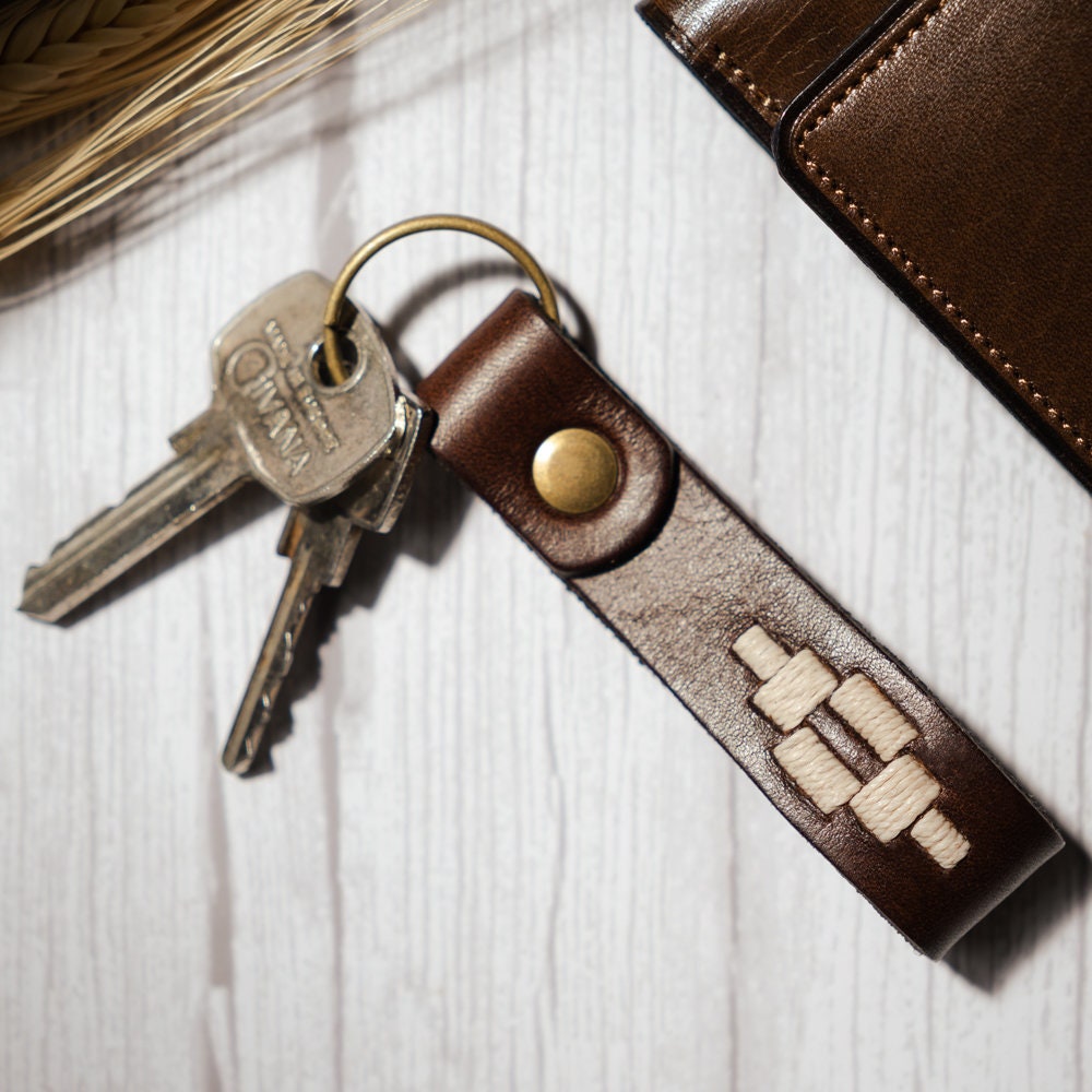 Embroidered Brown Leather Keychain - Etsy
