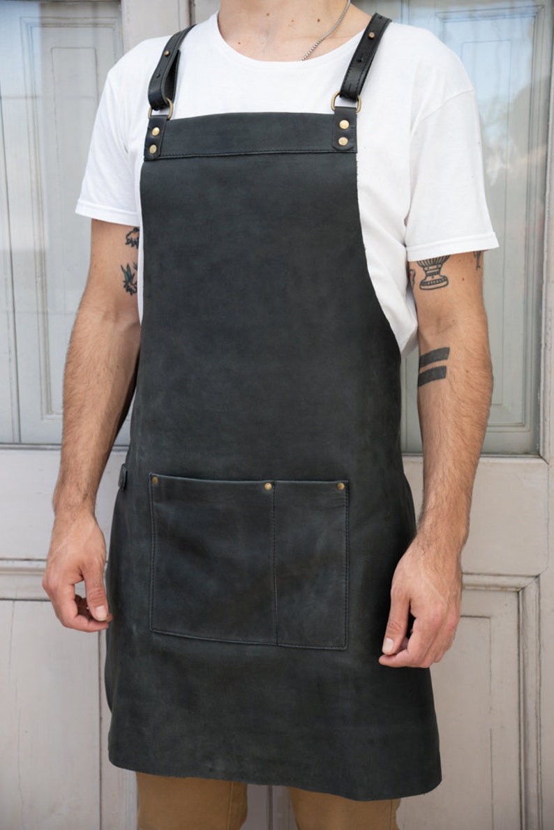 Personalisierte Lederschürze mit Lederriemen für Grillen, Küche, Café, Logo Black