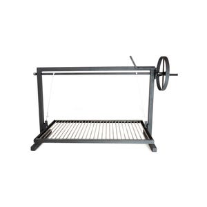 May include: A black metal grill with a rectangular cooking grate. The grill has a large wheel on the side and a handle for adjusting the height of the grate. The grill is designed for outdoor cooking.