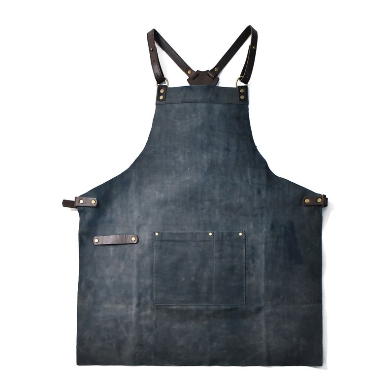 Leather Crossback Apron Handmade Adjustable Vegetable-Tanned Leather Cross Back Apron Blue