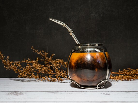 thumbnail image 2 of Handmade Argentinian Yerba Mate Gourd Set With Stainless Steel Straw (Bombilla) - Leather Wrapped, Traditional Design 2 of 10