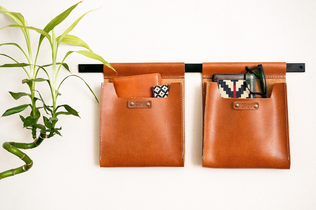 Small Leather Wall Pockets Organizer Hanging Leather Etsy