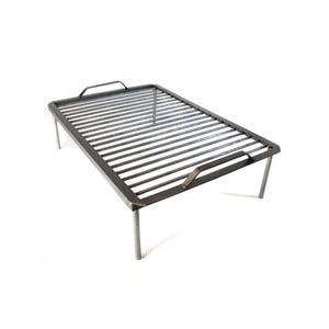 May include: A rectangular, black metal grill grate with a handle on each end. The grate has parallel bars and is supported by four silver legs. The grill is designed for outdoor cooking and is set against a white background.