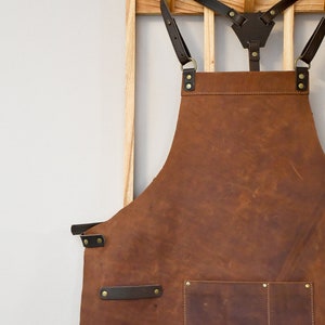 Leather Crossback Apron Handmade Adjustable Vegetable-Tanned Leather Cross Back Apron Tan