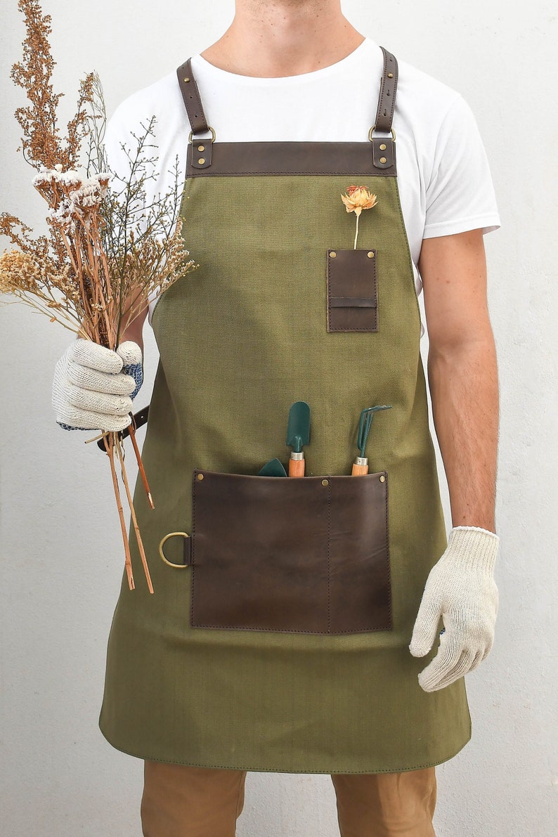 Leather Gardening Apron Crossback Garden Florist Gardener Apron Green