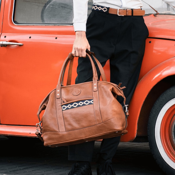 Leren tas, volnerf leren weekendtas, sportsporttas, leren reistas