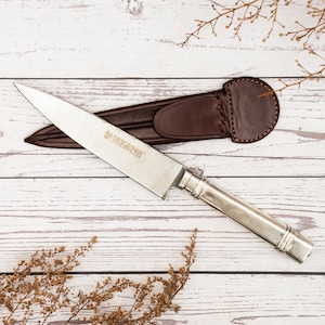 Gaucho BBQ Knife Nickel silver Handle, Bbq Knife, Leather knife sheath