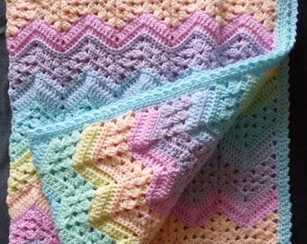 Crochet Pastel Rainbow Waves Baby Blanket - MADE TO ORDER - Handmade using Supersoft yarn in a rainbow of colours