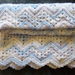 Pastel Sky Blues, Grey and White Crochet Waves Baby Blanket - MADE TO ORDER - Handmade with Super Soft Baby Yarn