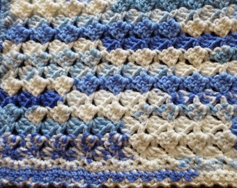 Crochet Mixed Blues & Creamy White Baby Blanket with a Little Picot Shell Border - Handmade with Super Soft Premium Acrylic Baby Yarn