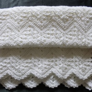 White Crochet Waves Baby Blanket - MADE TO ORDER - Handmade with Super Soft Baby Yarn in chevron pattern with border of little picot shells