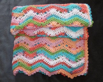 Crochet Multicoloured Baby Blanket - Handmade Soft and Cuddly Brightly Coloured in Wavy Chevron Stitch with Picot Border