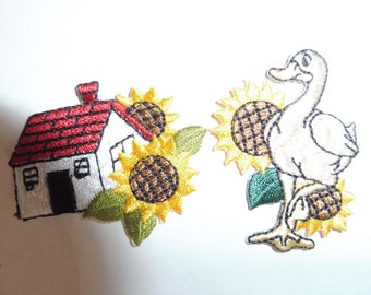 Ecusson patch motif thermocollant tournesol et maison ou oie