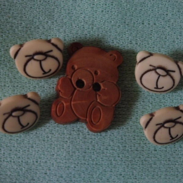 Lot de 5 boutons fantaisie enfant 4 petites têtes d'ours beige et 1 nounours en bois marron
