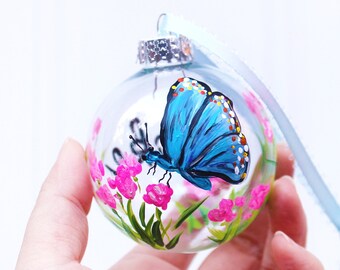 Blue butterfly ornament,custom handdrawn ornament,personalized ornament,butterfly ornament,gift for her,unique christmas gift