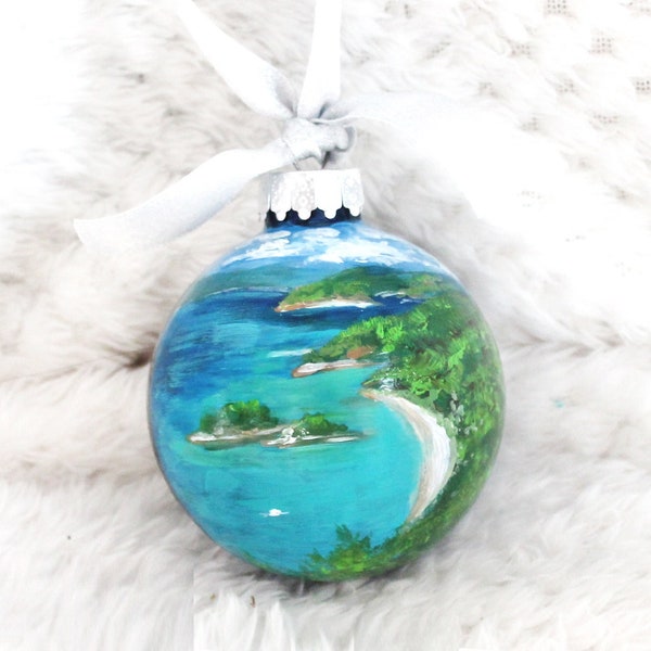 Custom vacation ornament,Personalized St. Thomas islands souvenir,hand painted Christmas bauble,honeymoon keepsake,vacation trip painting