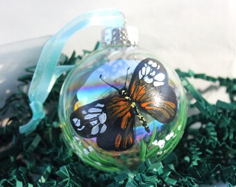 Black Butterfly ornament,custom iridescent glass,Personalized Hand painted clear glass ornament-Black butterfly acrylic painting