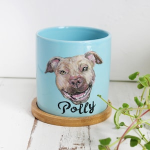 Custom Pet portrait Planter,realistic hand painted pet painting,cat dog portrait succulent planter with drainage hole and bamboo tray sauser