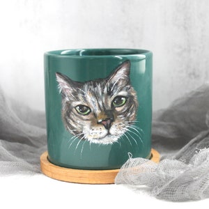 Custom Pet portrait Planter,realistic hand painted pet painting,cat dog portrait succulent planter with drainage hole and bamboo tray sauser image 6