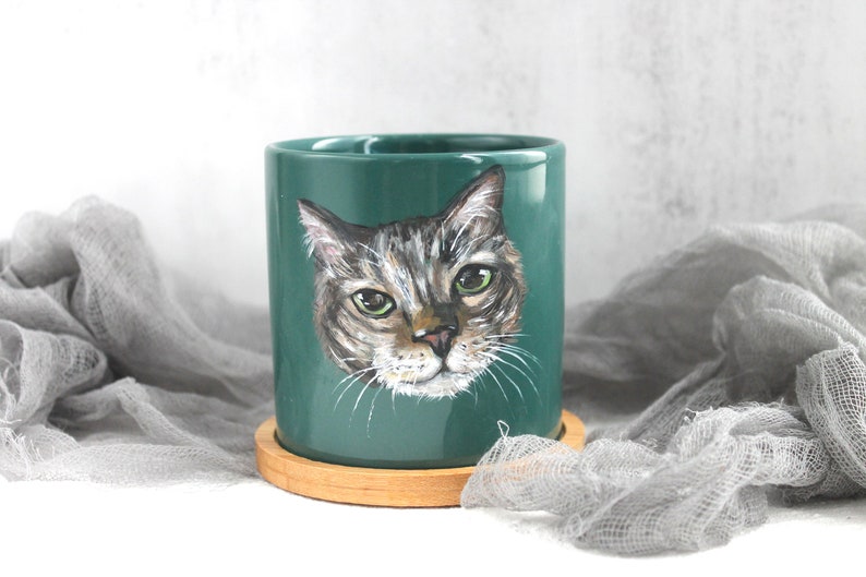Custom Pet portrait Planter,realistic hand painted pet painting,cat dog portrait succulent planter with drainage hole and bamboo tray sauser image 6
