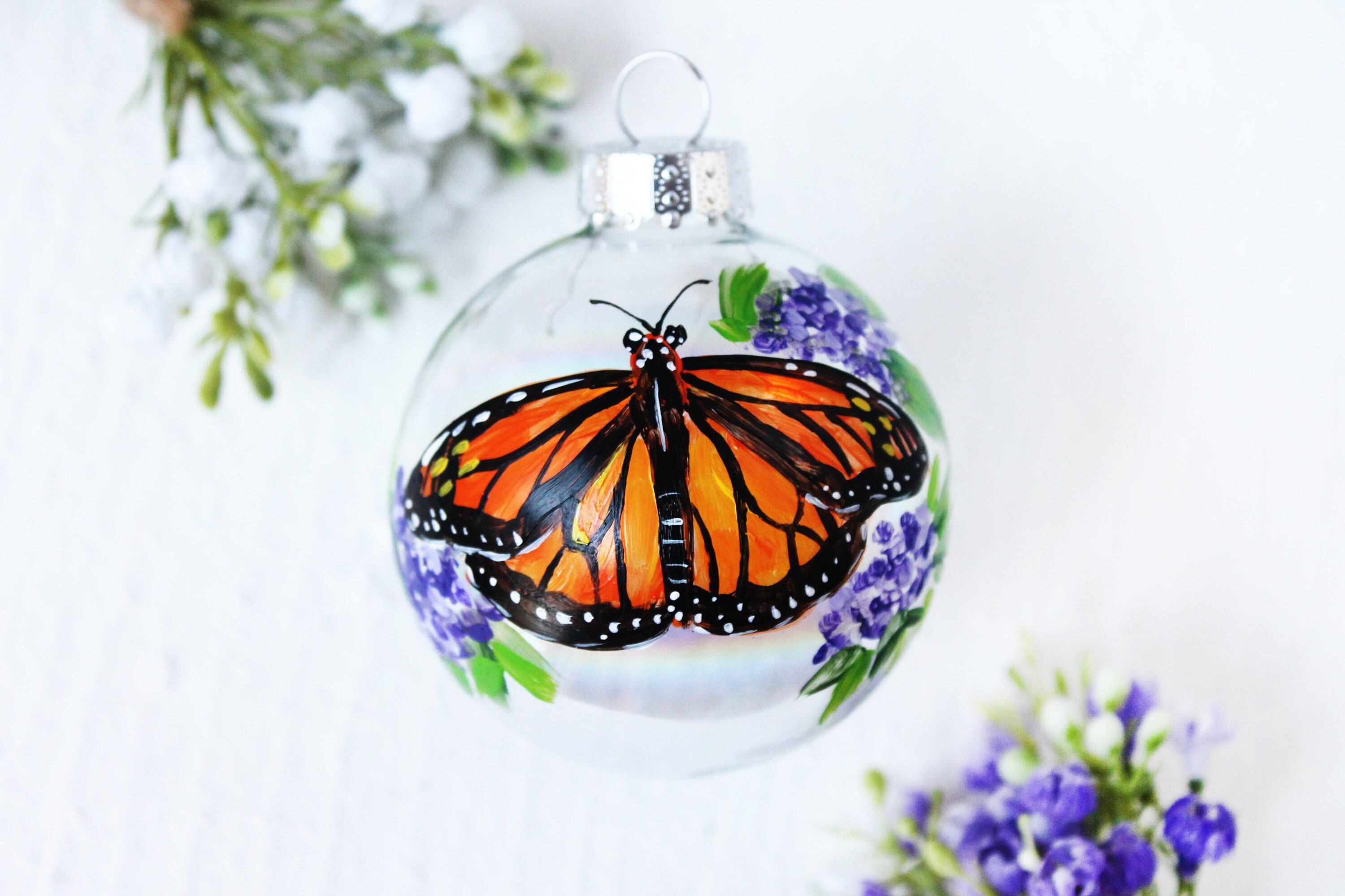 Monarch butterfly ornament,custom handdrawn ornament,personalized ornament, gift for her,iridescent glass hand painted milkweed butterfly