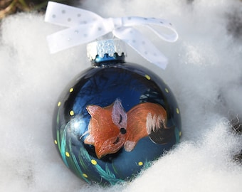 Fox Blue glossy glass ornament,Baby's First Christmas Ornament,Personalized Hand painted,baby fox ornament,gift for newborn,gift for new mom