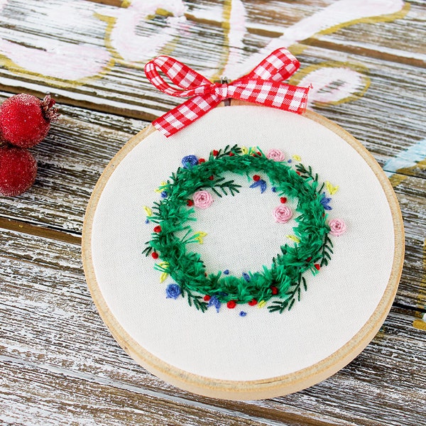 Handmade Christmas Embroidery Ornament-flower wreath-home decor textile art-embroidery hoop art-hand embroideried christmas hoop-unique