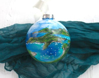 Custom vacation ornament,Personalized Antigua souvenir,hand painted Christmas bauble,honeymoon keepsake,vacation trip painting collection,