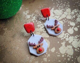 Handmade Polymer Clay Reindeer Earrings | Christmas Dangles