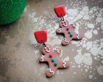 Handmade Gingerbread Man Polymer Clay Earrings | Christmas Dangle Earrings