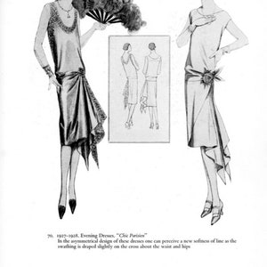 May include: Two black and white illustrations of women wearing 1920s evening dresses. The dresses have a draped, asymmetrical design. The text "Chic Parisien" is included in the image.