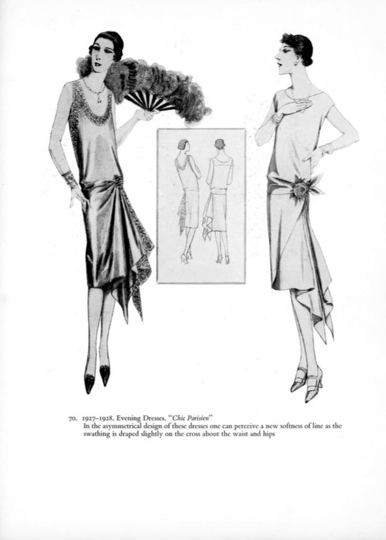 May include: Two black and white illustrations of women wearing 1920s evening dresses. The dresses have a draped, asymmetrical design. The text "Chic Parisien" is included in the image.
