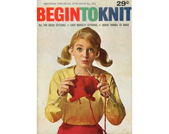 Begin to Knit di American Thread Company - Tutti i punti base - Punti facili e innovativi - Libro vintage - Download istantaneo - File PDF