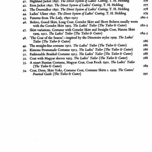 May include: A black and white printed page with a list of clothing patterns from the late 1800s and early 1900s. The list includes the name of the pattern, the year it was published, and the publication it was featured in. The page is from a book titled "Tailors' Patterns".