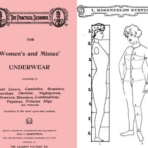 Puede incluir: Una ilustración vintage de una guía de patrones de ropa interior para mujeres. La guía incluye un diagrama del cuerpo de una mujer con medidas marcadas en pulgadas. El texto dice "The Practical Designer for Women's and Misses' Underwear consisting of Corset Covers, Camisoles, Brassiers, Envelope Chemise, Nightgowns, Drawers, Bloomers, Combinations, Pajamas, Princess Slips and Petticoats According to the most up-to-date method. Specially designed for self-instruction and Copyrighted by Prof. I. Rosenfeld. Entered in the Library of Congress, Washington, D.C. 1918. Published by The Leading Pattern Co."