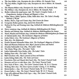 May include: A black and white printed page with a list of clothing patterns and their corresponding years of publication. The list includes items such as fitted gowns, cloaks, stays, bodices, pelisses, skirts, and jackets. The page is titled "Tailors' Patterns" and includes page numbers.